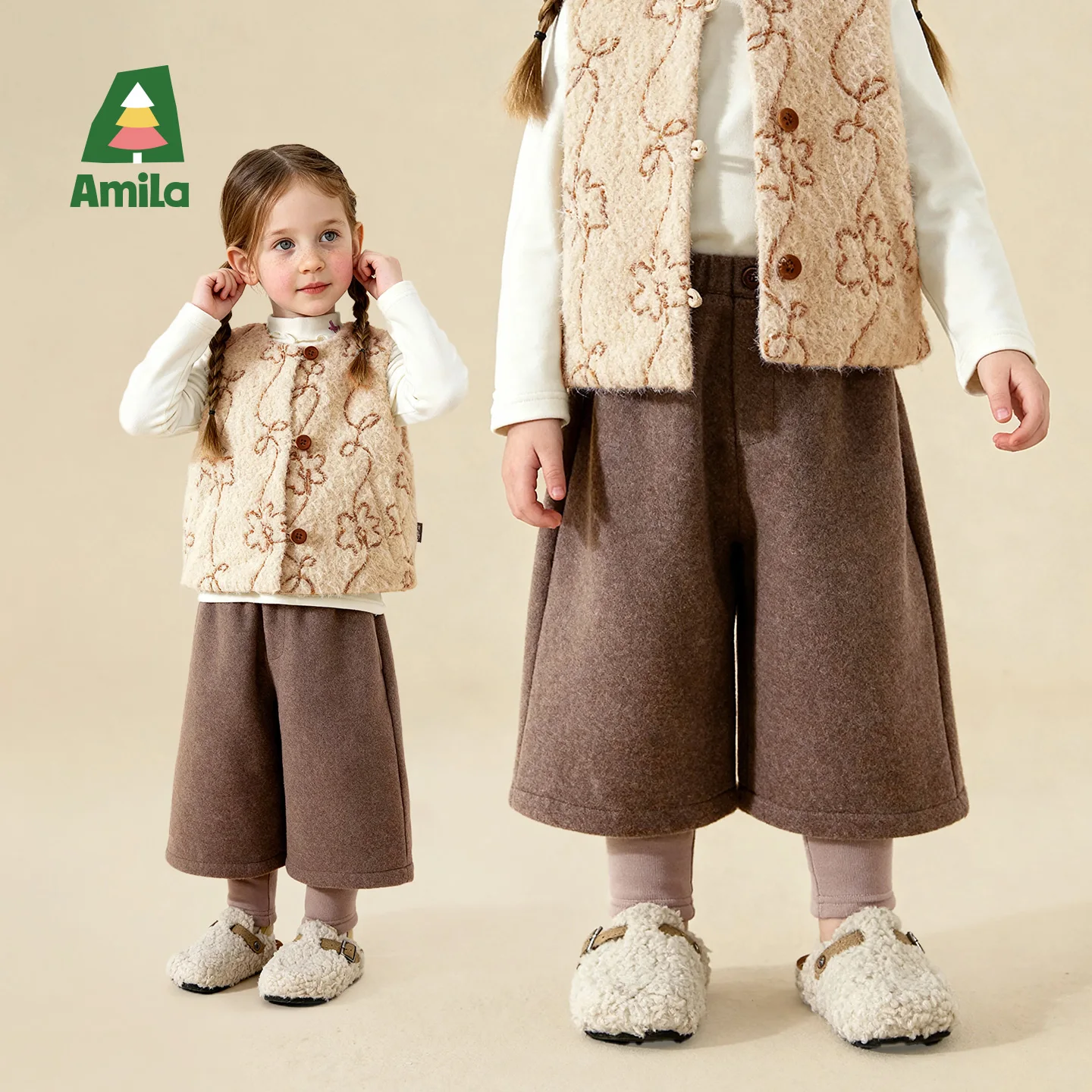 Amila 2026 Kids Winter Wide Leg Casual Pants For Children, Warm Woolen Fabric Texture, Loose Hanging Style, Retro Fashion