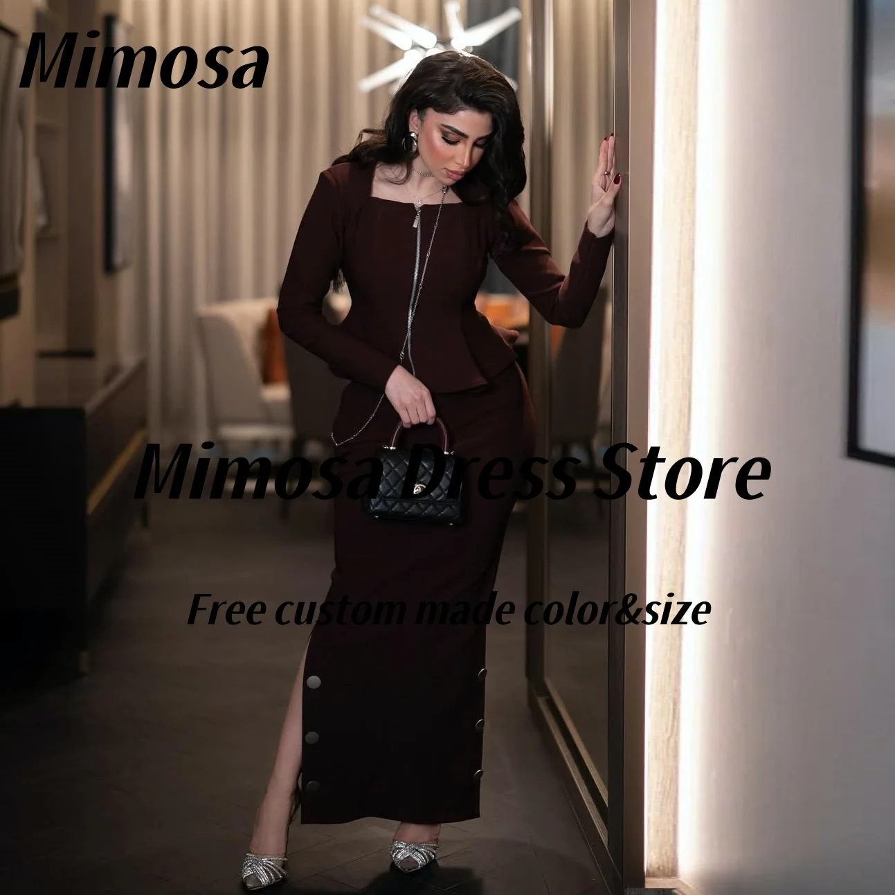

Mimosa 2-Pieces Prom Dresses Zipper Front Long Sleeves Evening Gowns Side Slit Saudi Women Wear Wedding Party Dress Customized