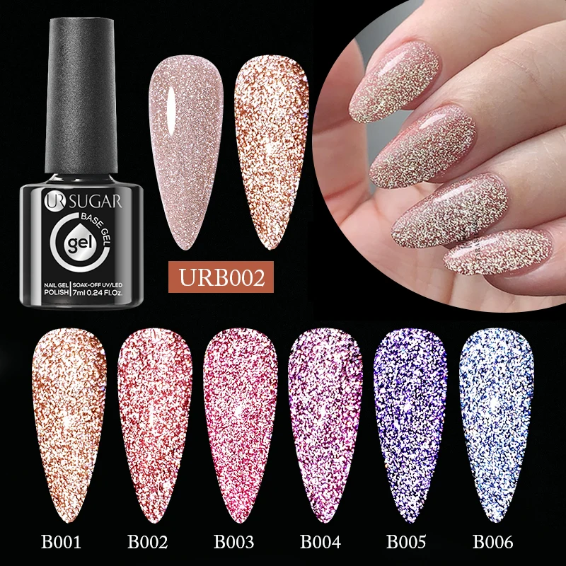 UR SUGAR 7ml Champagne Reflective Rubber Base Gel 2 in 1 Sparkling Glitter Flash Base Gel Soak Off UV LED Nail Art Varnish