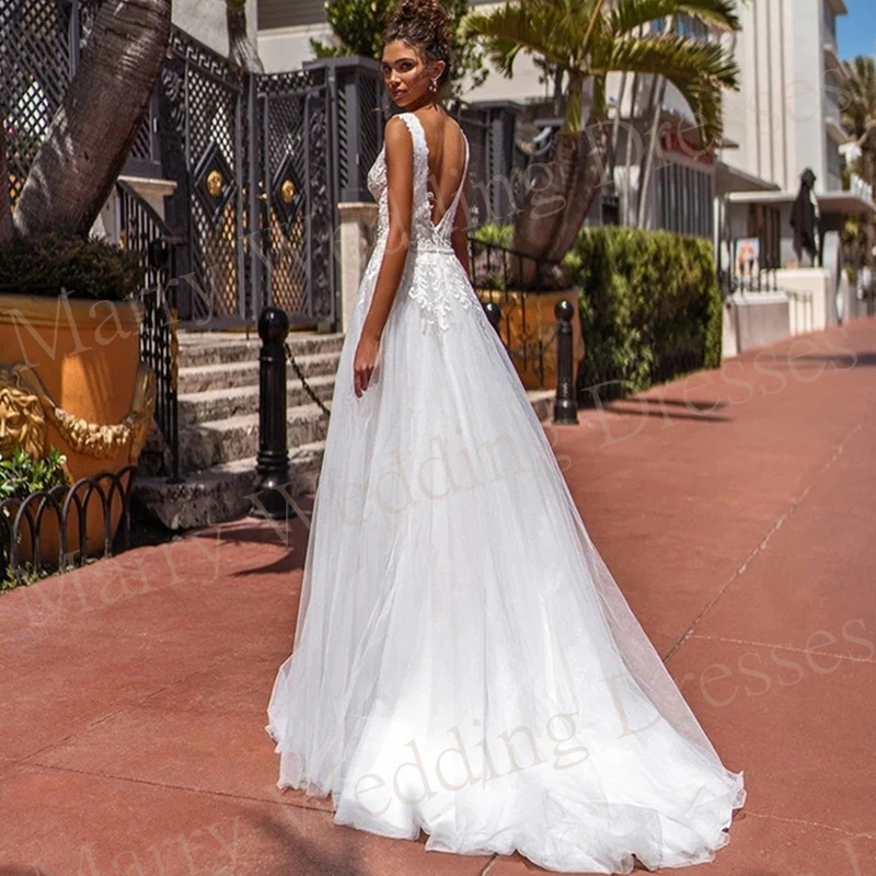 Gaun pengantin A Line menawan Modern untuk wanita applique renda gaun pengantin V-Neck dalam Backless Vestidos Novias Boda disesuaikan