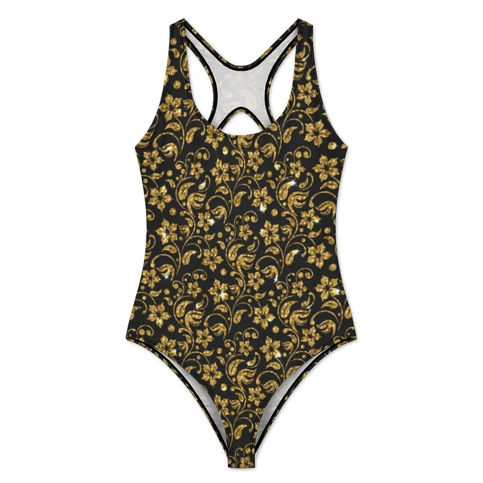 Gold Baroque Floral Swimsuit Sexy Flowers Print One Piece Swimwear Push Up Swimsuits Modern Fitness Monokini