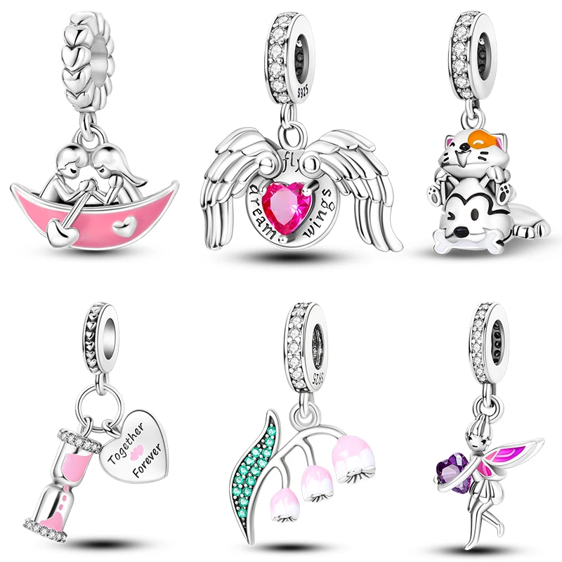 

100% 925 Sterling Silver Hourglass Cat Dog Butterfly Insect Pink Charms Bead Fit Pandora 925 Original Bracelets Fine DIY Jewelry