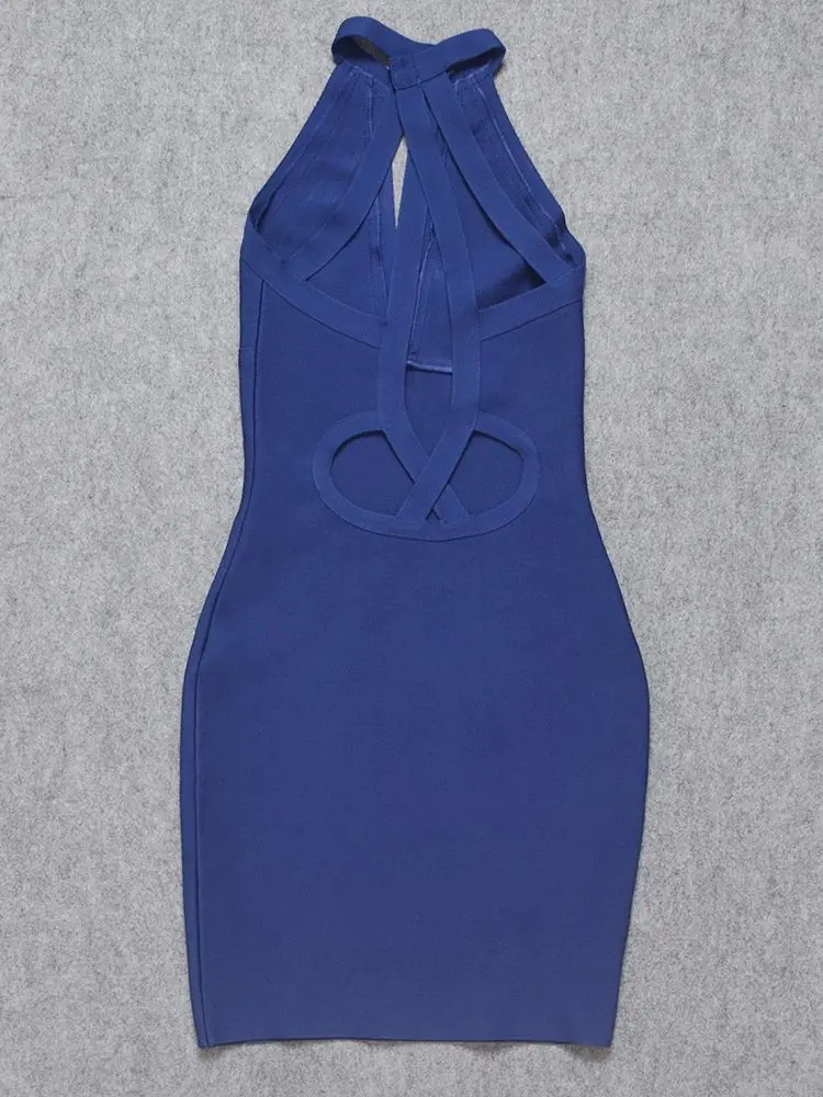 HQBORY Sexy Rayon Hollow Out Halter Royal Blue Women\'s Mini Bodycon Rayon Bandage Dress for Night Wear