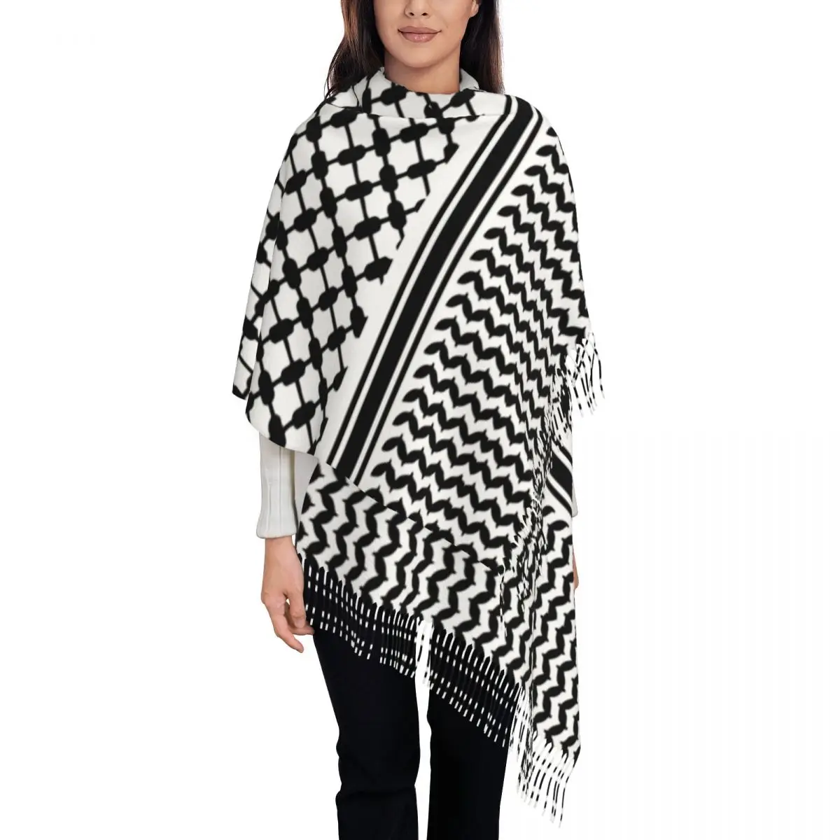 

Women's Scarf with Tassel Arab Keffiyeh Long Winter Fall Shawl Wrap Palestine Palestinian Arabic Reversible Pashmina Scarves