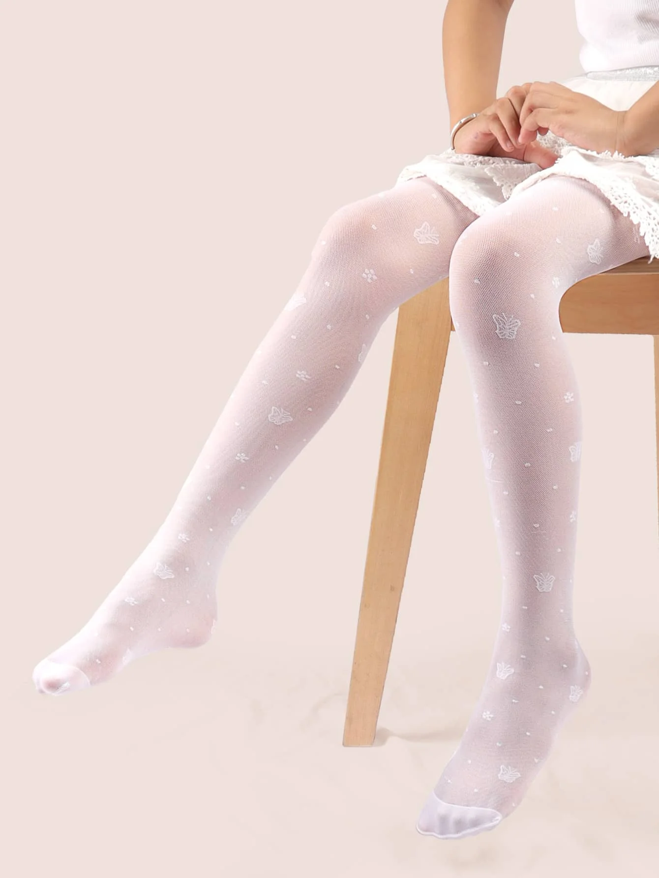 

White Butterfly Print Sheer Tights for Girls, Summer Thin Mesh Stockings for Daily Wear, School & Holidays