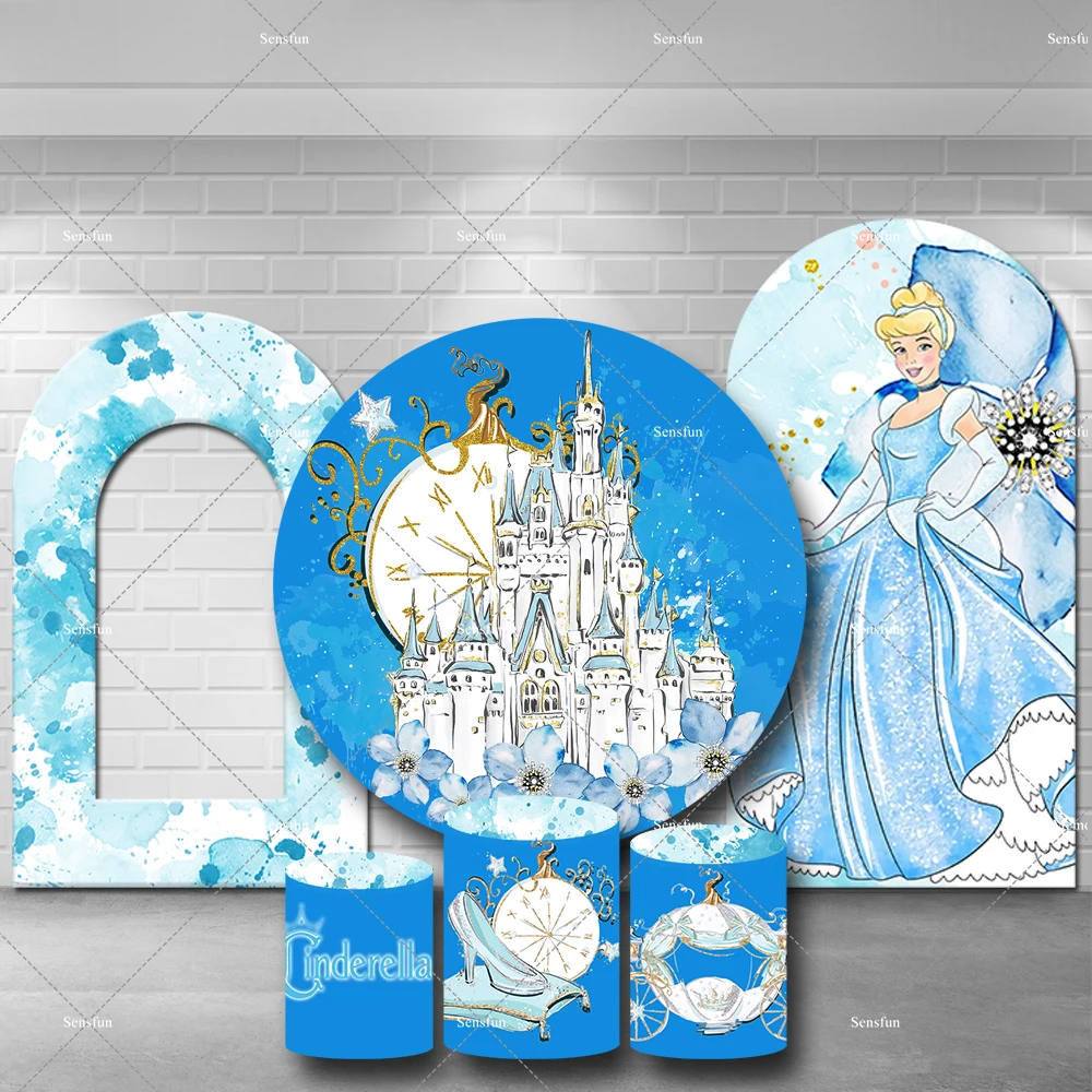 Disney Castle Princess Cinderella Round Backdrop Covers Flowers Glass Slipper Carriage Girls Birthday Party Arch Wall Background