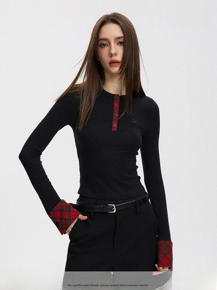 

SEGI Original Design Early Version Plaid Knitted Base irt Women's Inner And Outer Match Bla Long Sve Top