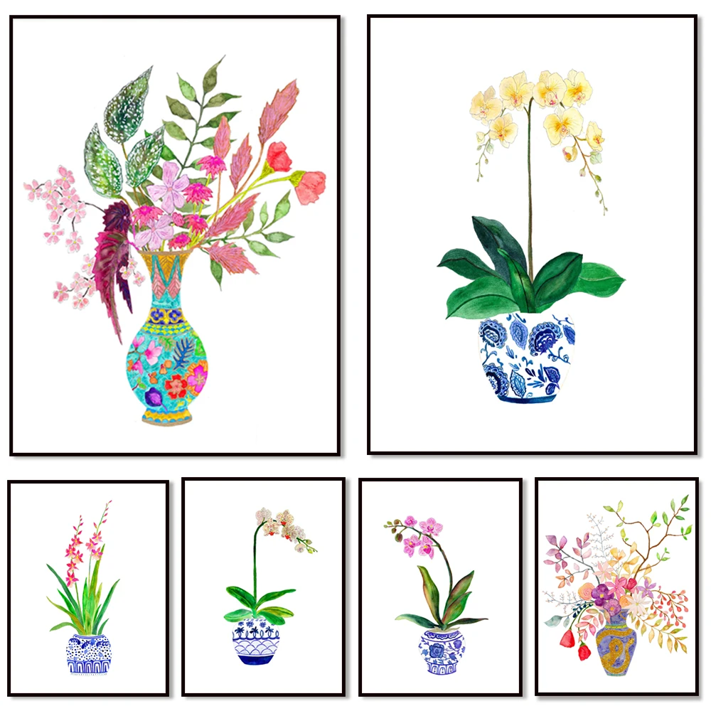 

Ginger pot art prints, watercolor flowers, colorful flowers, bouquet painting, orchid painting. Snake flower art print. Ginger p