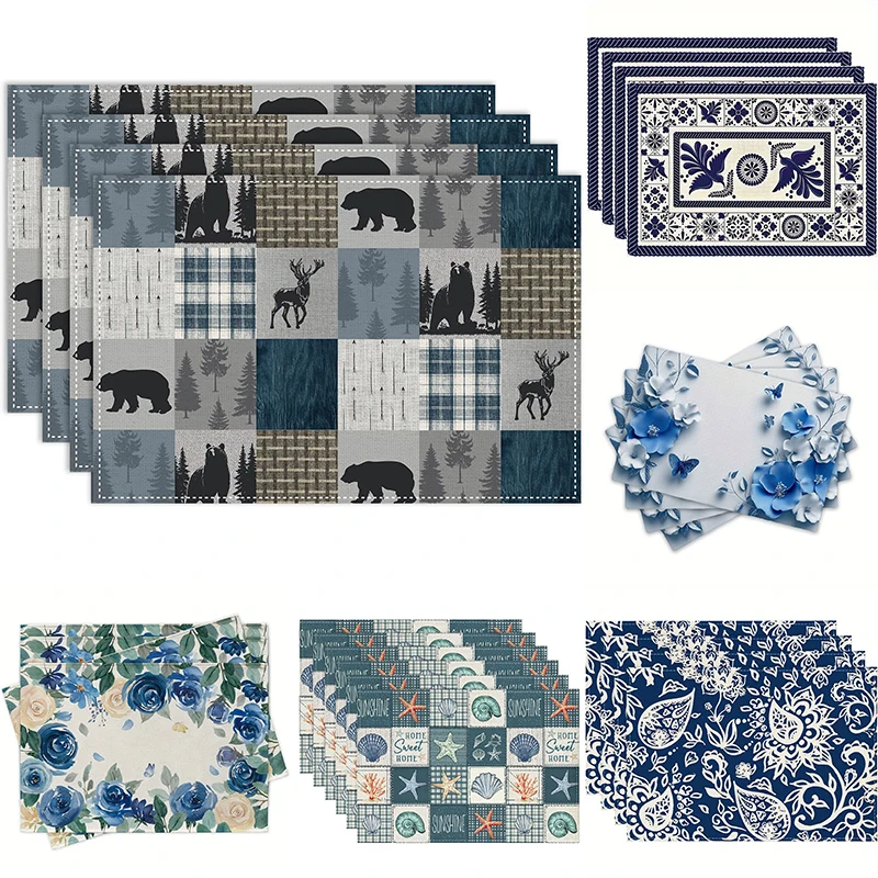 Rustic Wildlife Bear Deer Blue Floral Seashell Paisley Print Rectangular Placemats Cabin  Dining Table Decor Table Mats 4/6/8PCS