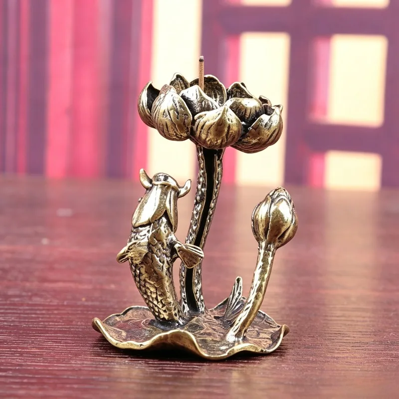 Vintage Brass Koi Fish Lotus Incense Holder, Chinese Lucky Fish Backflow Incense Burner, Zen Tea Table Aromatherapy Craft Gift
