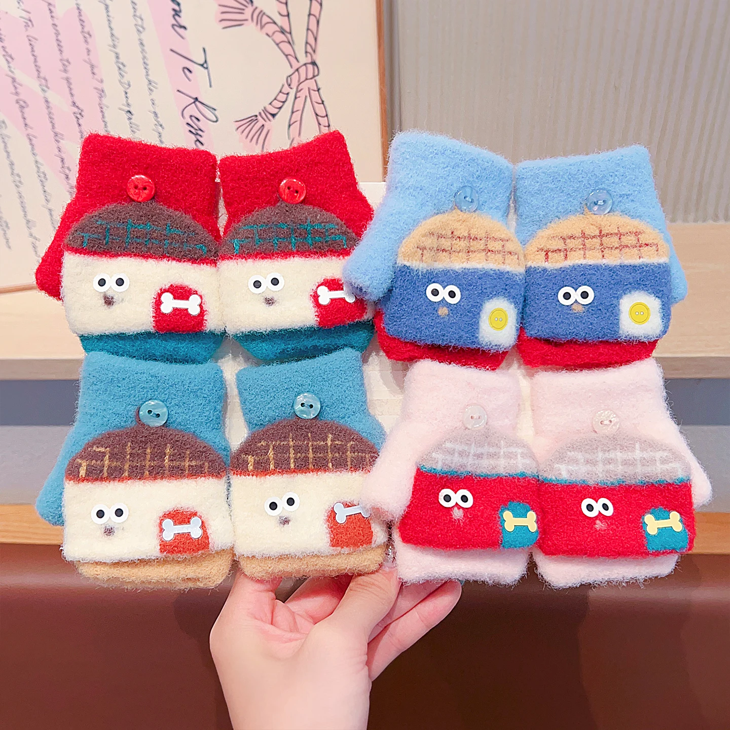 0-3 Jahre, neue koreanische Winter-Handschuhe mit Cartoon-Elefanten-Motiv für Jungen und Mädchen, aus Kunstfellimitat, 2-in-1-Handschuhe mit halben und vollen Fingern, Kindergeschenk. – Detail 6