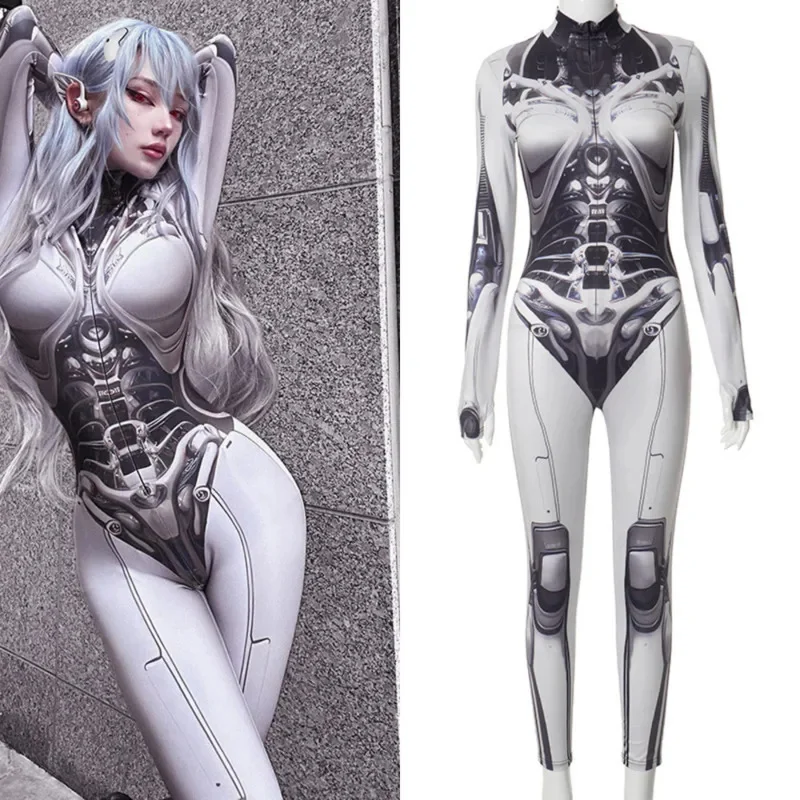 3D Mechanical Printed Jumpsuit European And American Cosplay Semi Sexy Jumpsuit Montage High Neck Couple Halloween Bodysuit New