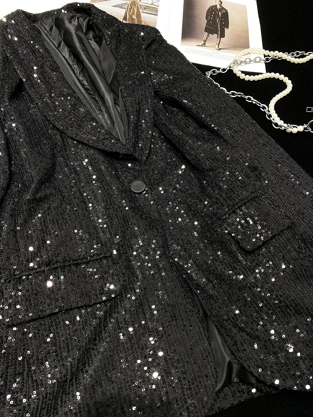 Streetwear Stylish Black Sequins Women Suits Coat Mid-long Blingbling Turn-down Collar Long Sleeve Female Blazers Jacket Spring