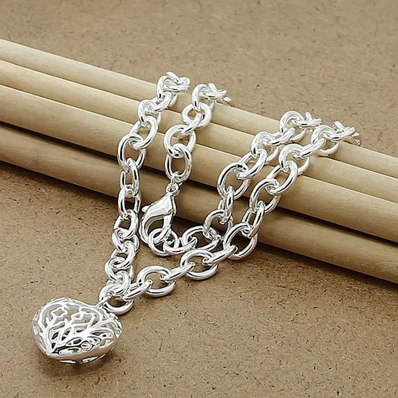 

925 Sterling Silver 18 Inches Fine Hollow Heart Necklace For Women Men Charm Fashion Party Gifts Jewelry Accessories