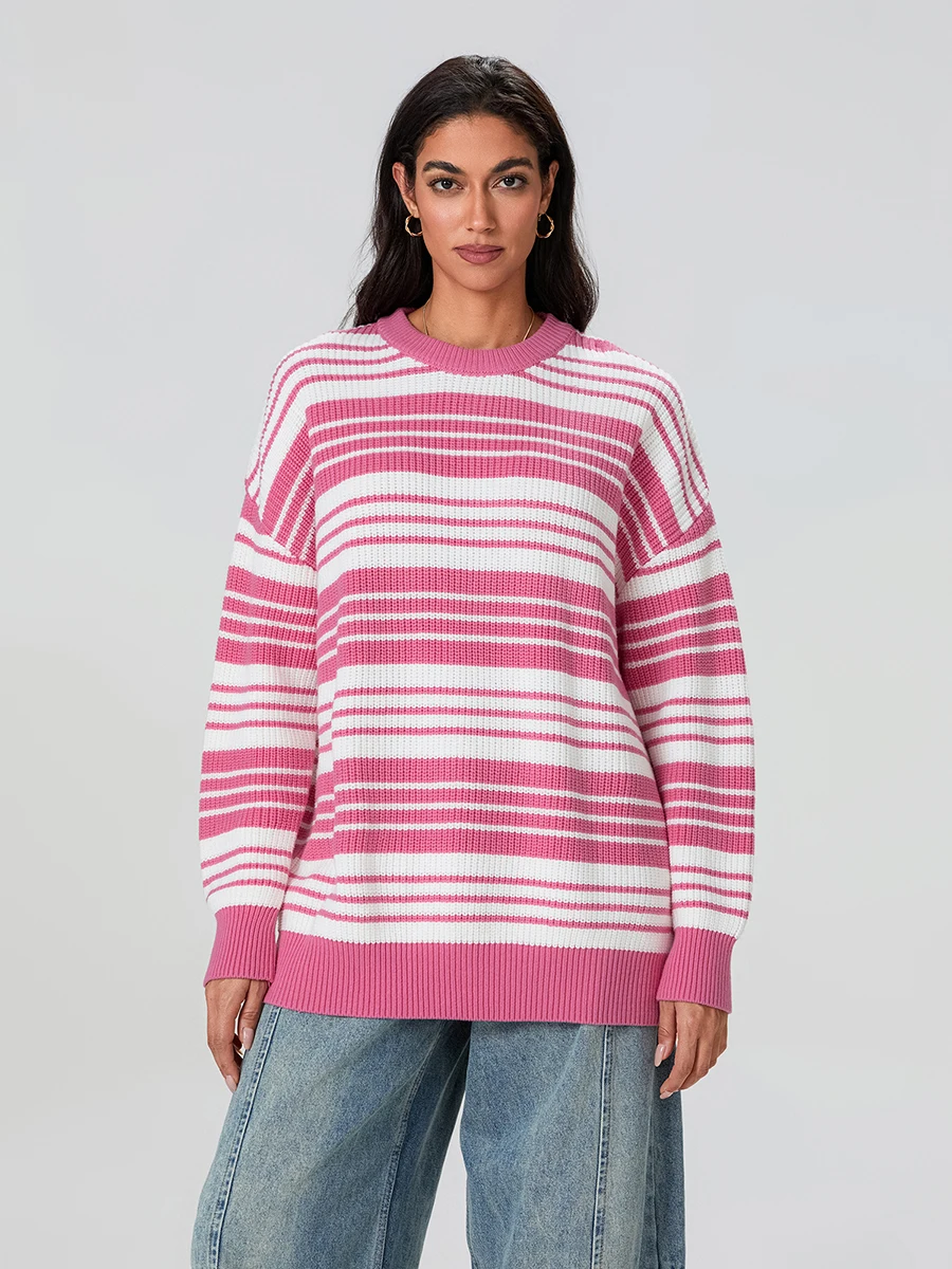 

Новый женский полосатый свитер большого размера с круглым вырезом и длинными рукавами, вязаные топы, повседневная уличная одежда на зиму, осень, горячая распродажа, S, M, L