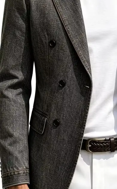 Mens Dark Grey Faux Denim Textured Double Breasted Slim Fit Blazer Brown Piping Casual Suit Jacket