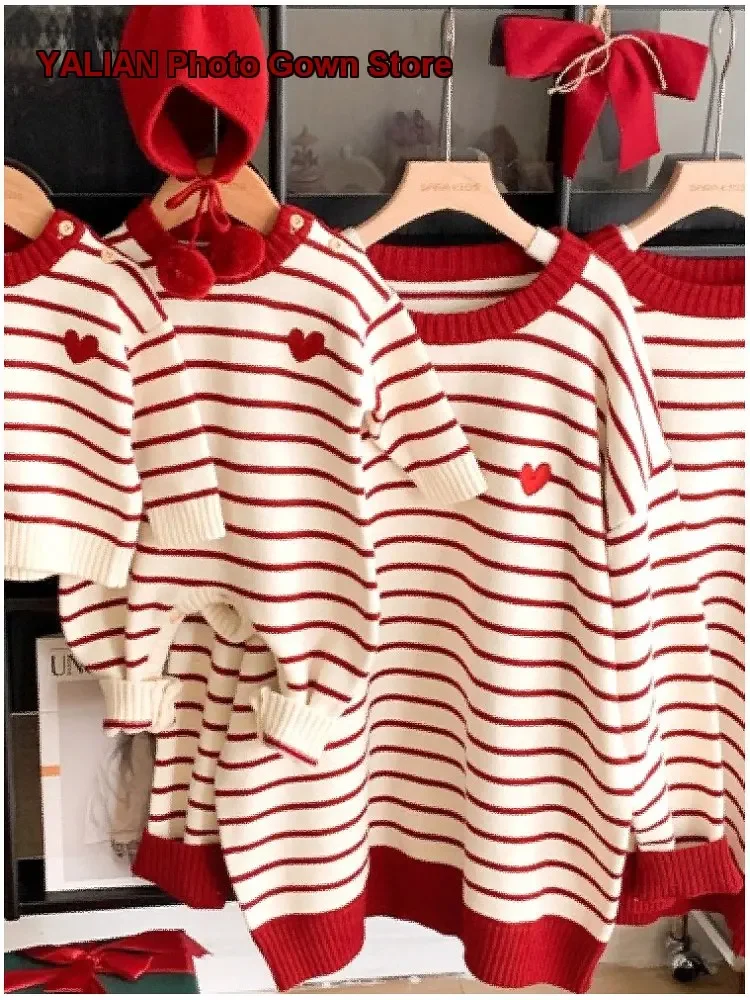 Family Matching Outfit Baby Mom Kids Love Pattern Knit Top Solid Color