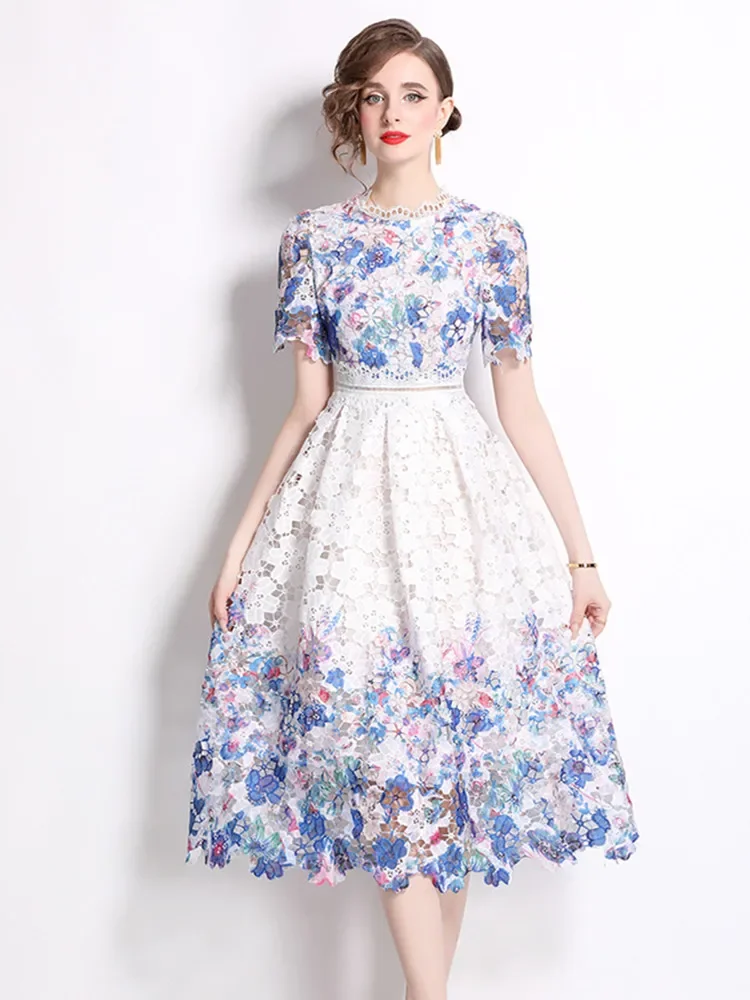 Pink Lace Hollow Out Dress For Women Stand Collar Short Sleeve High Waist Print Long Dresses Female Summer Clothes 2024 New