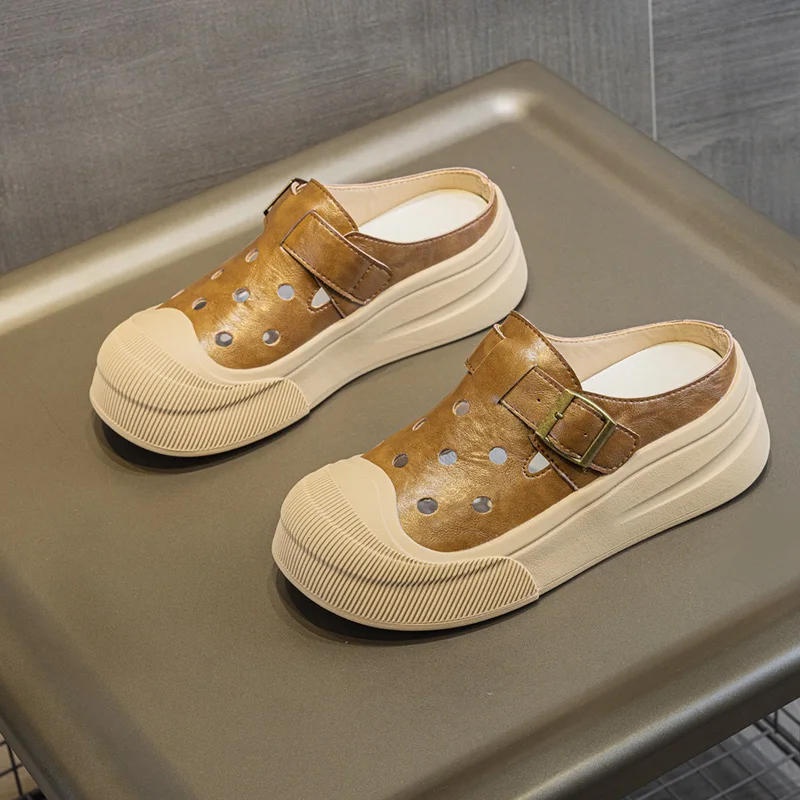 DIMANYU Women Slippers Genuine Leather 2025 Summer New Casual Eyelet Slippers Women Platform Hollow One Foot Slippers Women