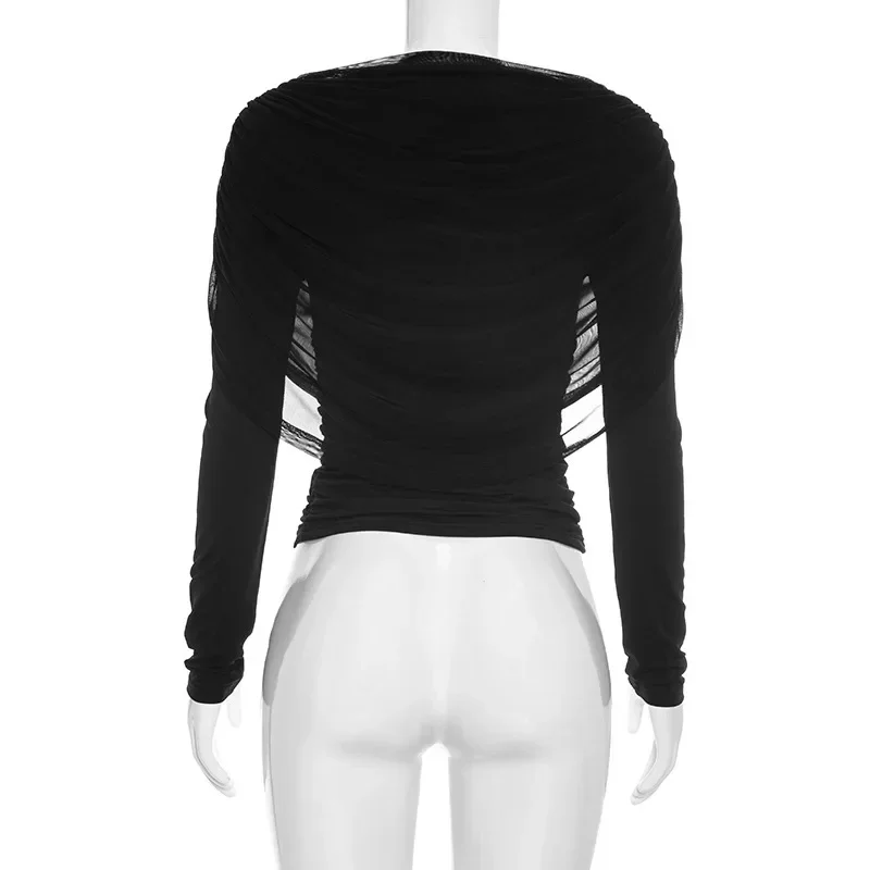 2026 Frühling Sommer Damen Langarm-T-Shirt mit drapiertem Kragen, plissiertem Schal, schmal geschnitten, Stretch-Oberteil, elegant, lässig, Alltagskleidung – Detail 13