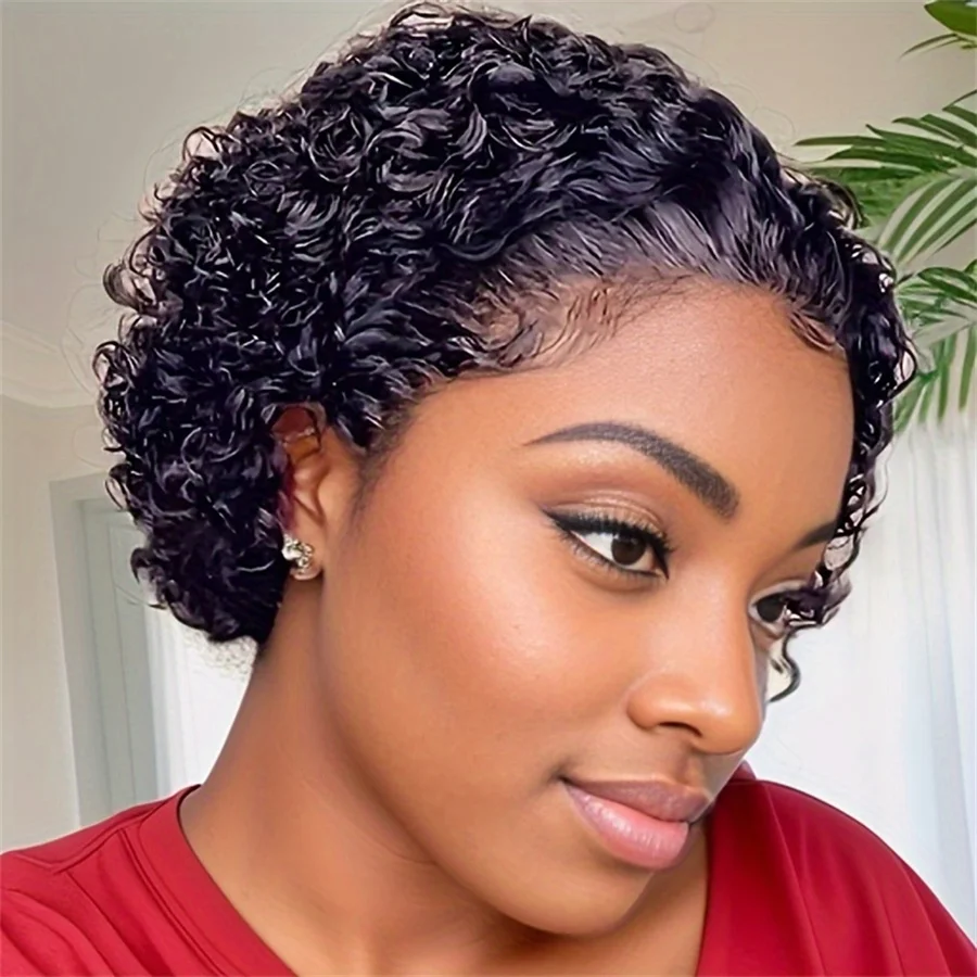 

13x1 lace 150% density pixie short curly 6inch natural black color human hair wig daily party cosplay use remy wig