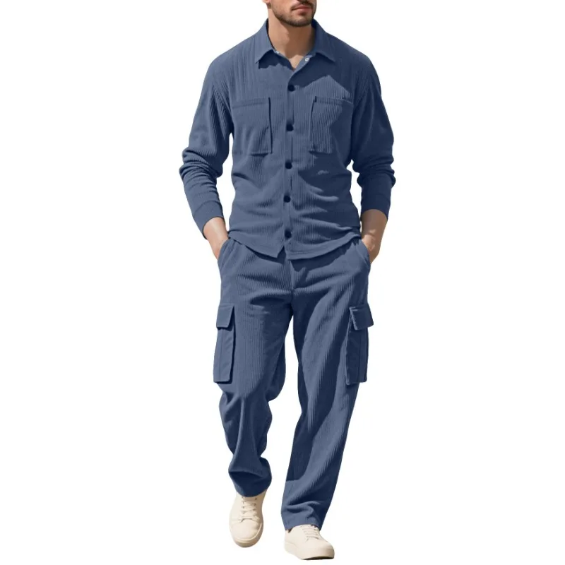 Mens Clothes Outfit Casual Sport Lapel Cardigan Long Sleeve Two-Piece Set Loose Corduroy Cargo Suit Shirt Pants Elastic Waist