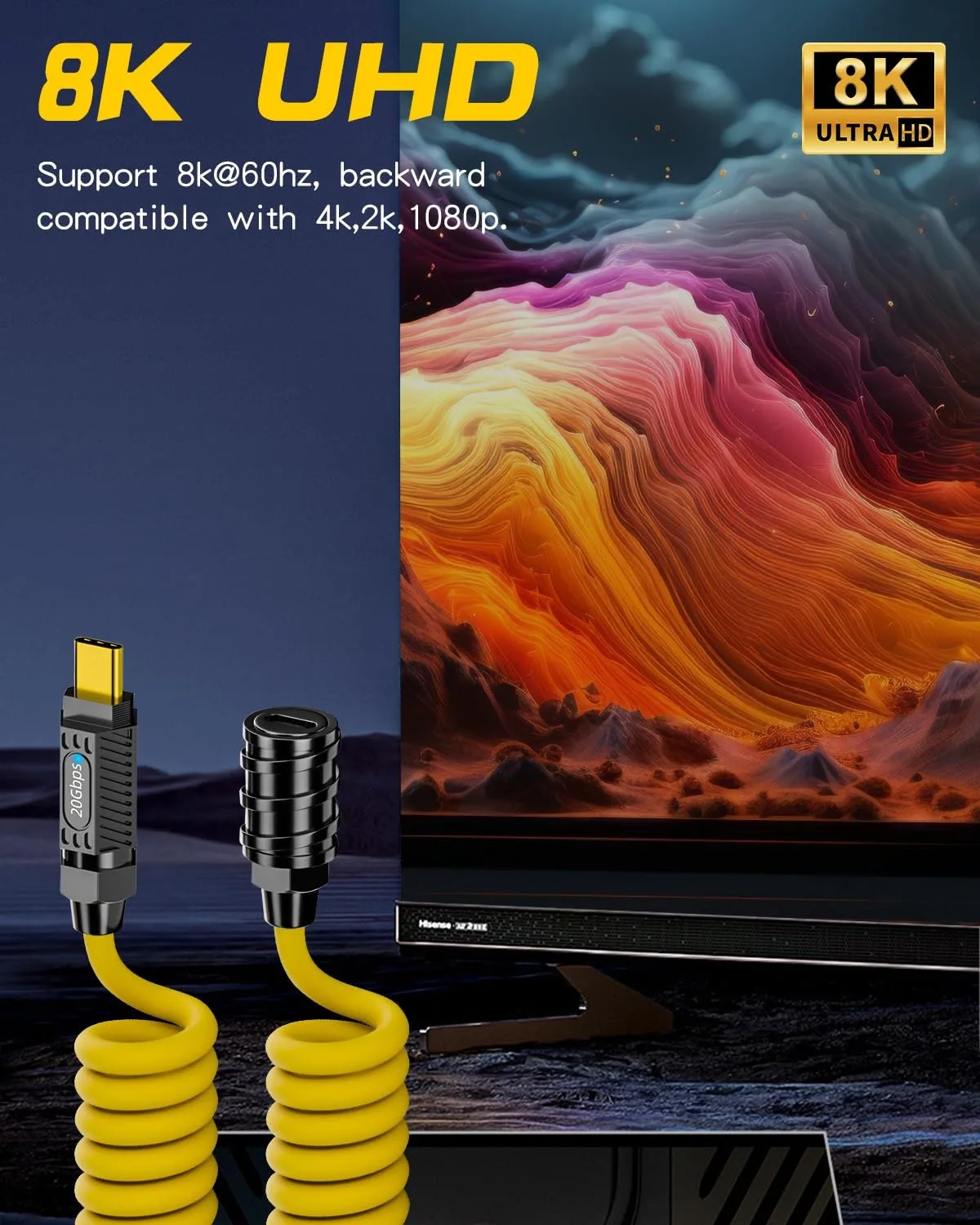 Type-C Spring Coiled Cable Support 20Gbps Data Transfer 8K@60Hz Display USB C 140W Charging  Extension Cord for Car Mobile Phone