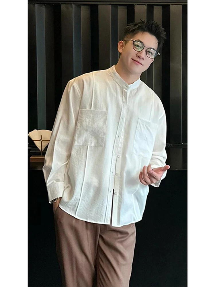 

White Linen Long Sve irt Men's Spring Summer Lightweight Breathable Sun Protection Stand Collar Loose Fit Pure Color