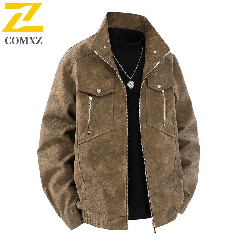 COMXZ  Male PU Leather Coat Minimalist Turndown Collar Adventure Windproof Leather Coat Loose Durable Fashion Autumn Outerwear​
