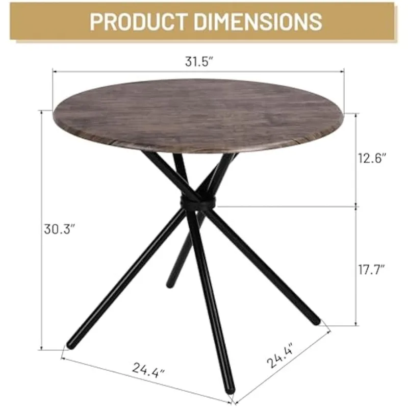 Table à manger ronde vintage de 31.5 po pour 2-4 personnes, table de cuisine en bois avec socle croisé unique et pieds en métal