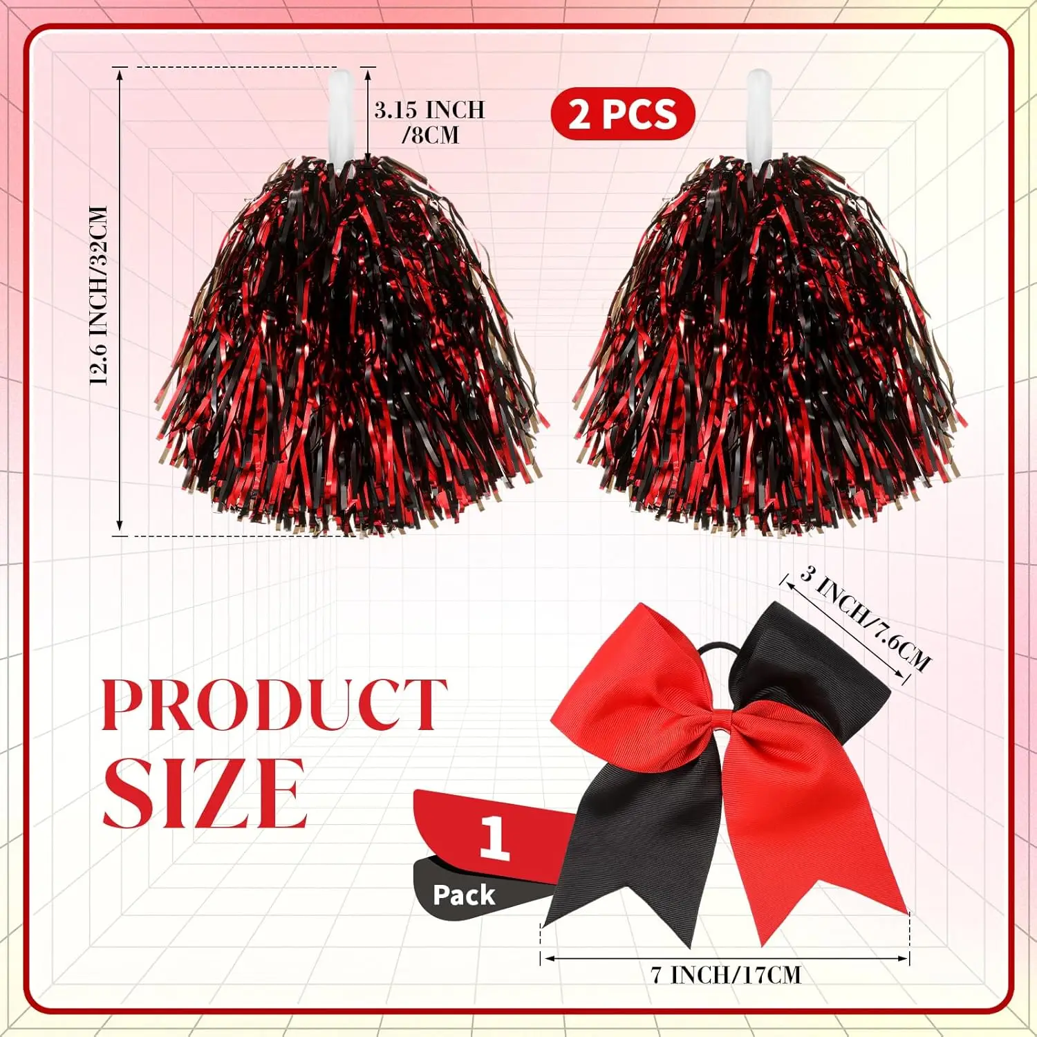 3 Pcs Cheerleading Pom Poms and Large Cheerleader Hair Bow Foil Pompoms Cheer for Team Cheering Squad Dance Rooters Acce