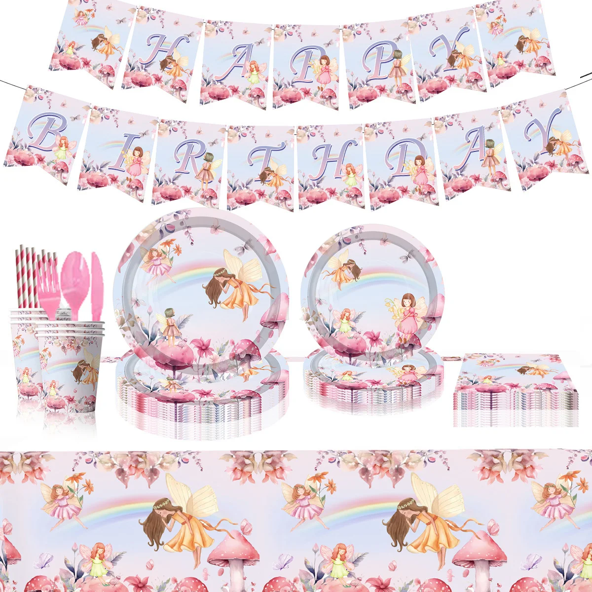 Fairy Birthday Party Supplies Fairy Party Tableware Plates Napkins Tablecloth Flower Fairies Enchanted Forest Garden Theme Decor