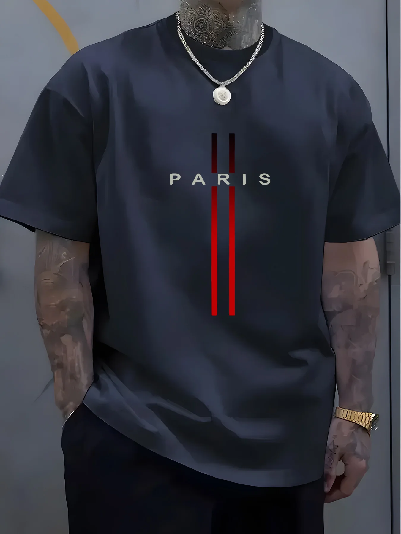 Summer men\'s 100% pure cotton casual loose fit plus size PARIS letter pattern printed round neck short sleeved T-shirt top