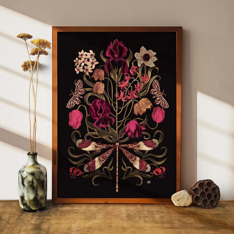 1pc Canvas Painting frameless Dragonfly Flowers Art Print, Botanical Wall Decor, Dragonfly Print, Dragonfly Wall Decor, Flowers