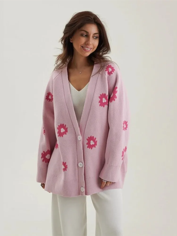 

2025 Casual Cardigan Commuting Sweater Pulls Femmes Comfortable Loose V-linkLong Sleeves Knitted Printed Simple Style Homewear