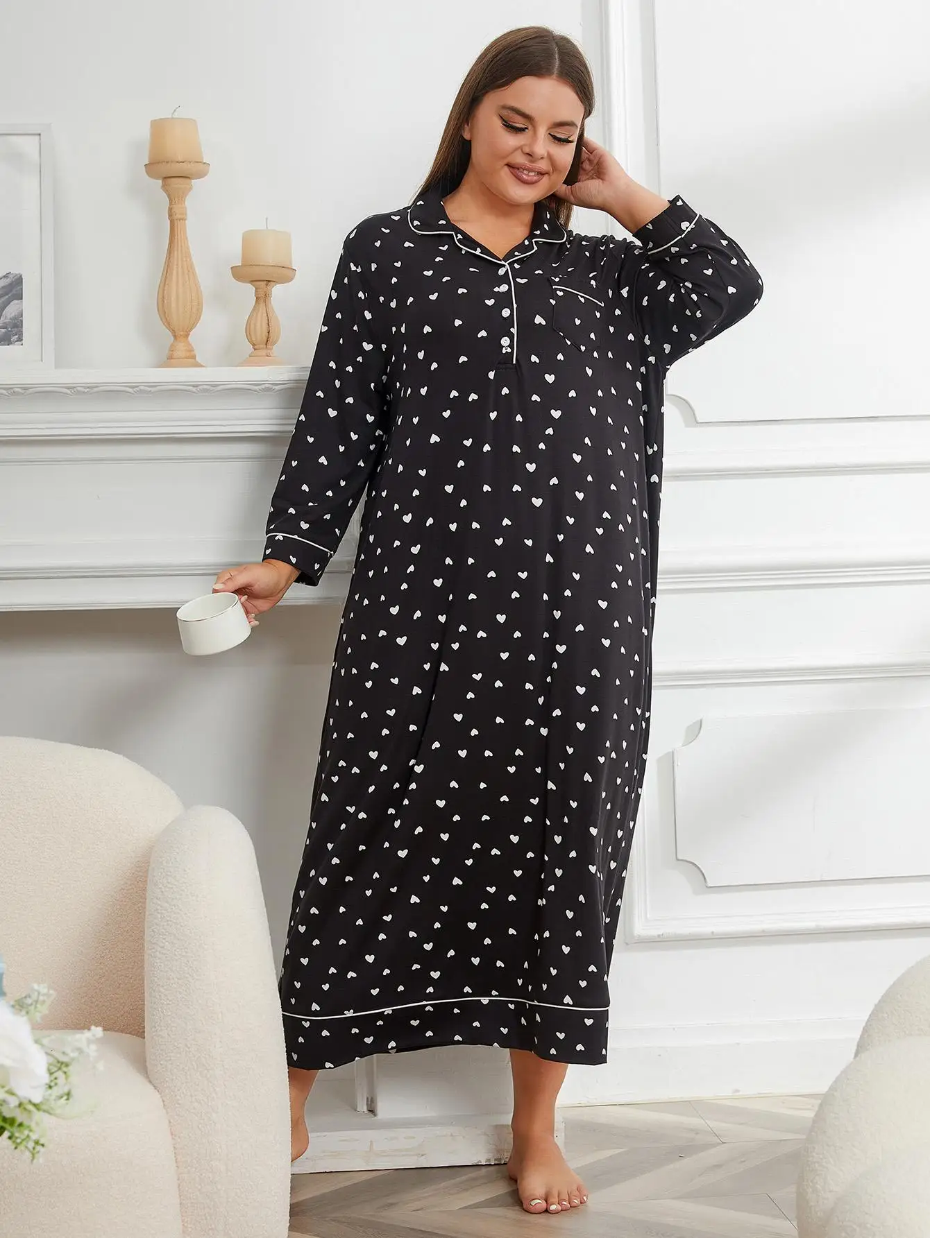 Plus Size Women Nightgown Notched Collar Female Sleepwear Dress Long Sleeve Fall Nightwear Front Button Homwear Clothing