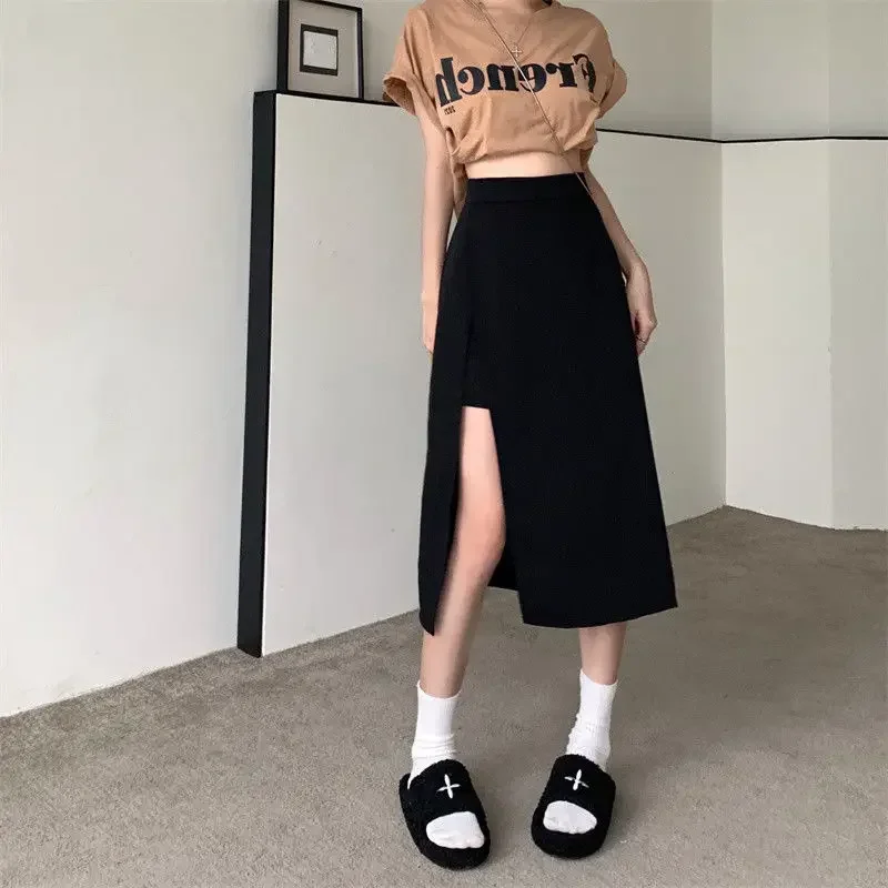 Rokken Vrouwen Side-slit M-3XL Onregelmatige Rijk Mid-kalf Koreaanse Stijl A-lijn Harajuku Jupe Femme Temperament Esthetische Kleding