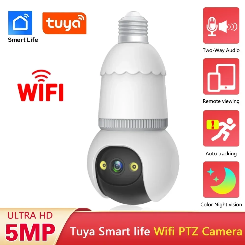 

5MP Tuya WiFi PTZ Ligh Bulb Camera Indoor with 2 Way Audio Auto Tracking Baby Monitor Wireless CCTV Security Camera Smart Life