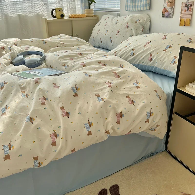 Cute Cartoon Washed Cotton 4Pcs Bedding Sets Comfortable Fitted Sheet Set for Spring Soft Skin-Friendly Student Duvet Cover