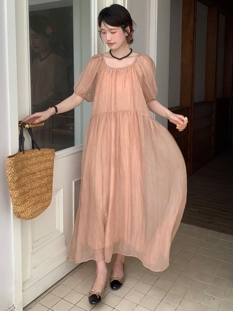 

Chic Summer Vintage Bal Bow Design Loose Bubble Sve Fairy Dr Women's ort Sve round Ne Pure Color Casual Dr