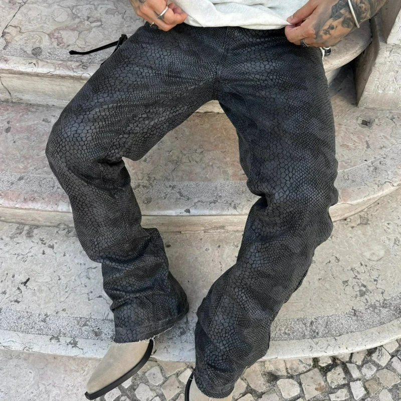 Y2K Black Python Camo Jeans Men Vintage Gloss Coating Stacking Straight Pants Gothic Hip Hop Streetwear Unisex Casual Jeans