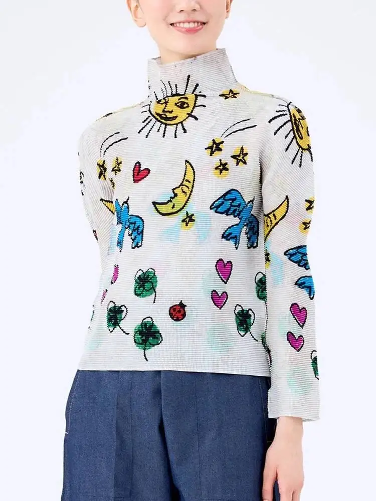 Chic Slim Niche Printed Design Stand Collar Pleated Women's T-shirt 2025 New Pullover Top Long Sleeve Casual Tee 29U7W