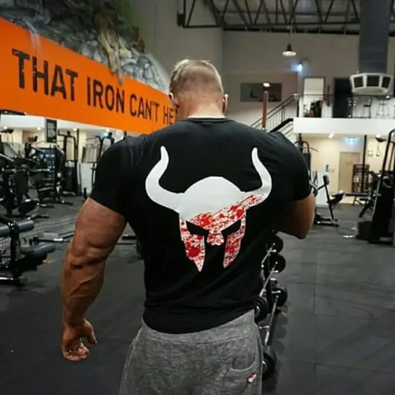 Mens Gyms Fitness Bodybuilding T-shirt Short Sleeve OX Printed Cotton T Shirt 2024 Newest Man Casual Fashion Tee Tops Clothing