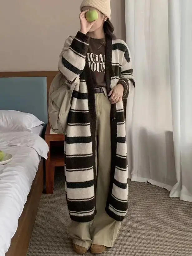 

Gagarich Striped Knitted Cardigan Jacket Mid To Long Autumn Winter New Korean Style Loose Lazy Versatile Sweater Women Top