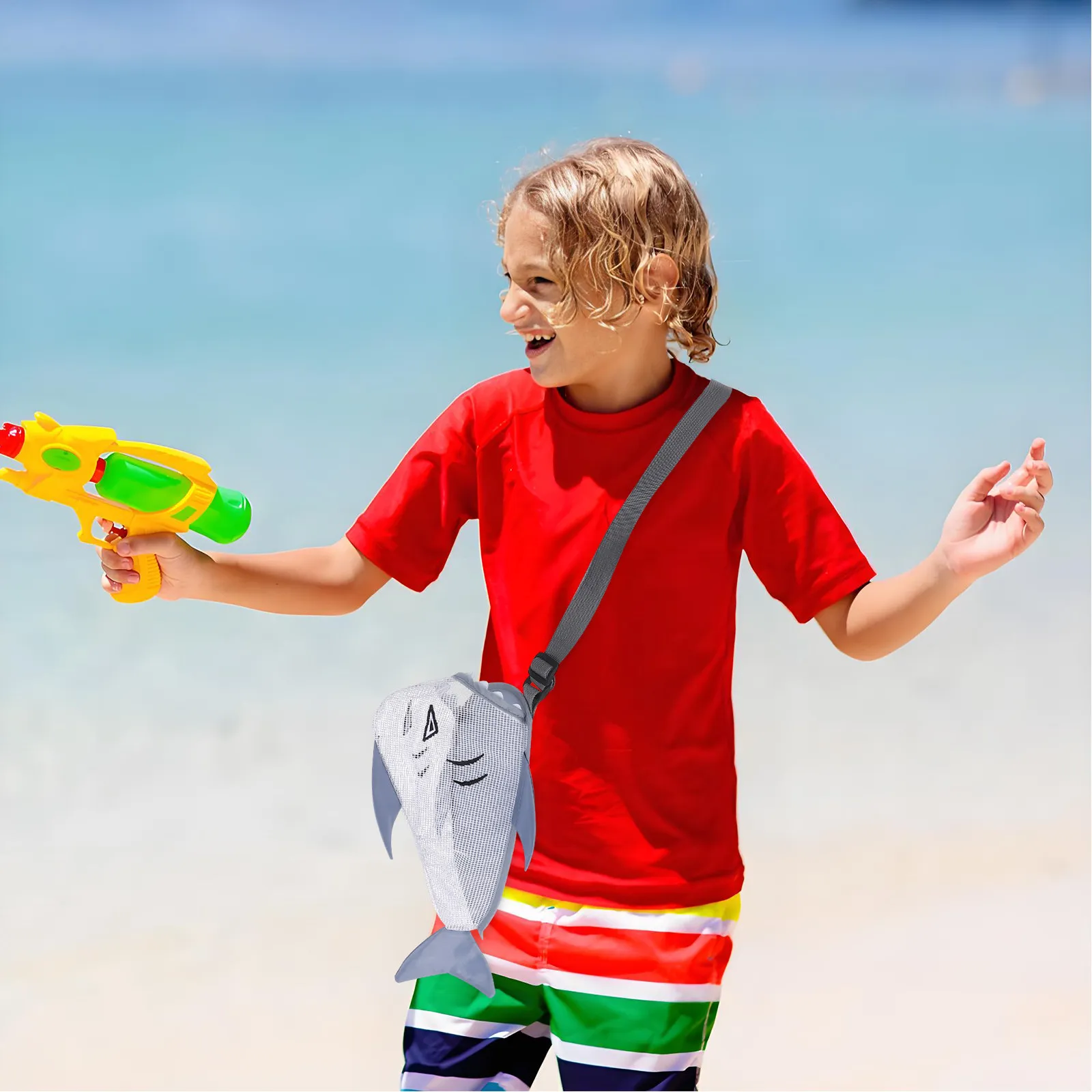 Childrens Shark Mesh Beach Bag Cartoon Style Seashell Collecting Bag Summer Beach Essential Lightweight Portable Sand Drain