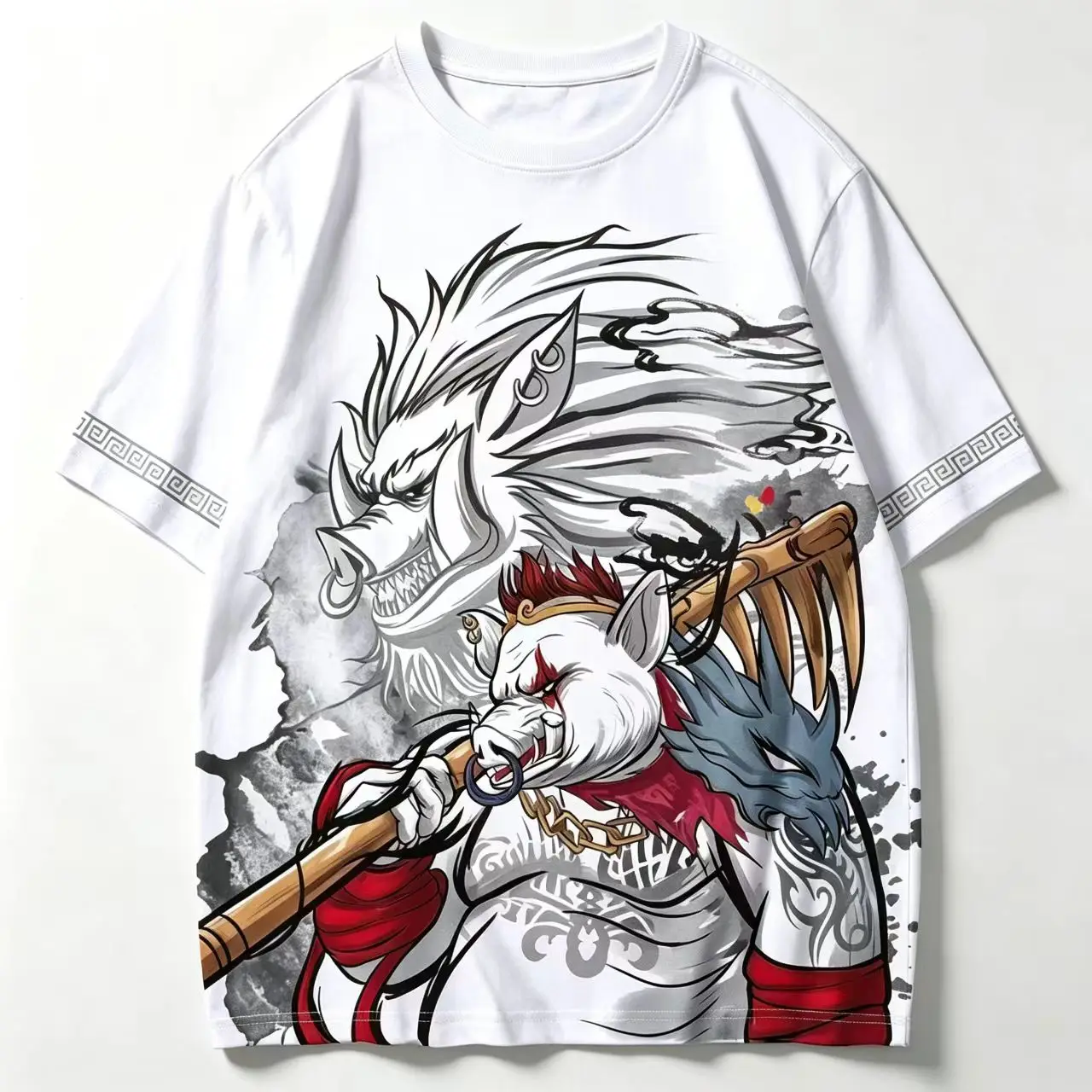 China-Chic printed short sleeve T-shirt Classic mythical figure printed men's and women's loose large round neck casual T-shirt