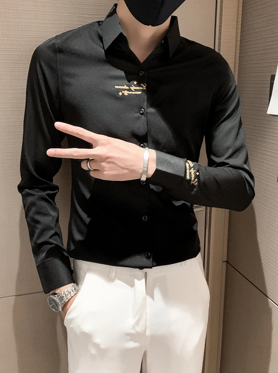 

Мужская одежда Ele Long Sve irt с вышивкой, Slim Fit Sli, модная новинка 2023, молодежная одежда без утюга