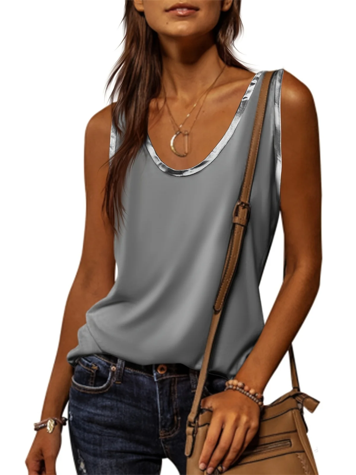 Shiny Patchwork Sleeveless Tank Tops Scoop Neck Casual Loose Fit T Shirts Solid Color Elegant Top Fashion Summer Women Clothes