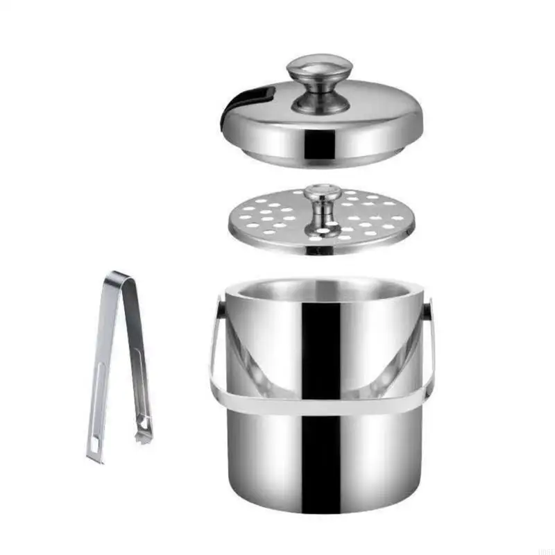 

H05E Portable Ice Bucket Cooler Double Wall Stainless Steel Wine Beer Container with Tongs Clip for Bar Kitchen Tool