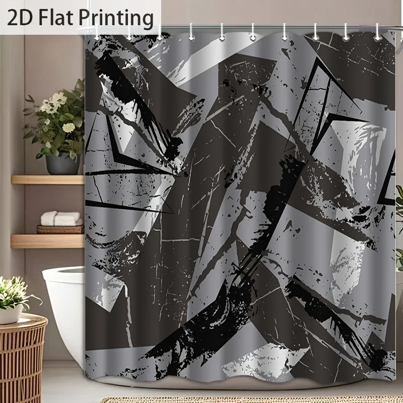 1pc with Hook, Black White Gray Abstract Geometric Graffiti Texture Pattern 2D Flat Shower Curtain, Machine Washable, High-End E